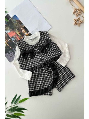 Miniğimin Cicileri Deri Fiyonk Detaylı Chanel Kumaş Şort Etekli 3 lü takım - Siyah