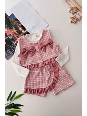 Miniğimin Cicileri Deri Fiyonk Detaylı Chanel Kumaş Şort Etekli 3 lü takım - Pembe