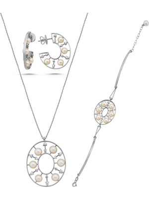 Birinci 14  Ayar Altın 6 mm Tasarımlı Doğal İnci Küpe Kolye Bileklik Üçlü Set