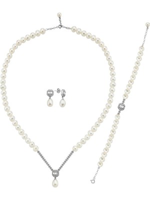 Birinci 14  Ayar Altın 9 mm Baget Doğal İnci Küpe Kolye Bileklik Üçlü Set