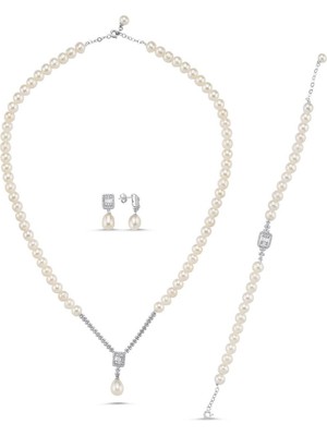 Birinci 14 Ayar Altın 7 mm Baget Taşlı Doğal Inci Küpe Kolye Bileklik Üçlü Set