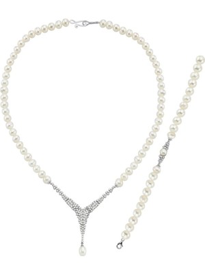 Birinci 14 Ayar Altın Kadın Markiz Kesim Doğal İnci Kolye Bileklik İkili Set