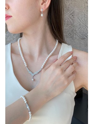 Birinci 14 Ayar Altın 7 mm Taşlı Doğal İnci Küpe Kolye Bileklik Üçlü Set