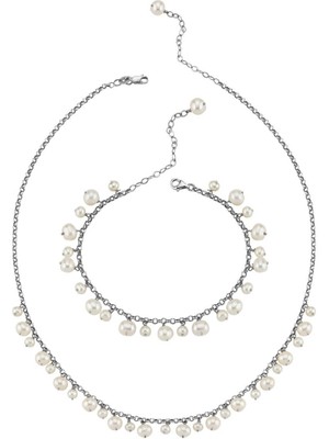 Birinci 14 Ayar Altın 5 mm Doğal Inci Sallantılı Kolye Bileklik Ikili Set