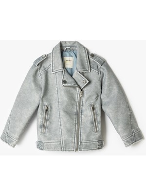 Koton Suni Deri Biker Ceket Fermuarlı Cep Detaylı