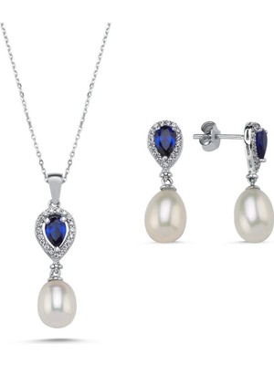 Birinci 14 Ayar Altın 8 mm Damla Safir Doğal Inci Sallantı Küpe Kolye Ikili Set