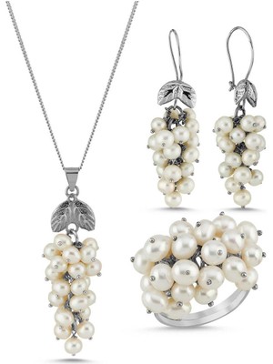 Birinci Üzümlü Doğal İnci Küpe Kolye Yüzük Üçlü Set