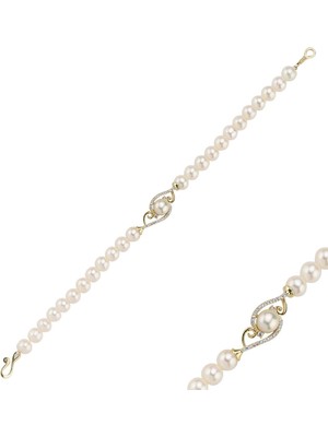 14 Ayar Altın 5 mm Zirkon Taşlı Doğal Inci Bileklik