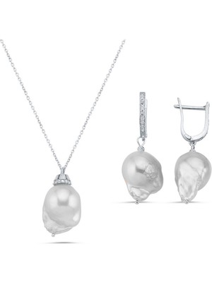 Birinci 925  Ayar Gümüş Barok İnci Kolye Küpe İkili Set