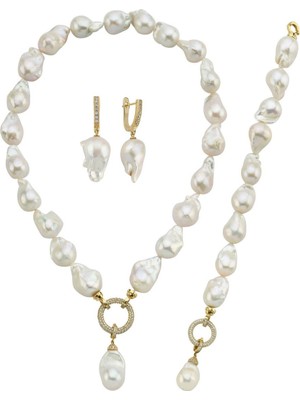 Birinci 14 Ayar Altın 20 mm Halka Kilitli Barok Doğal İnci Küpe Kolye Bileklik Üçlü Set