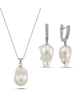 Birinci 14 Ayar Altın 12 mm Barok Doğal İnci Küpe Kolye İkili Set