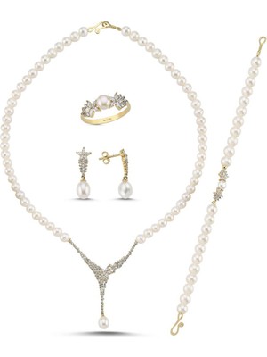 Birinci1926 14 Ayar Altın 6 mm Zirkon Taşlı Doğal İnci Küpe Kolye Bileklik Yüzük Dörtlü Set