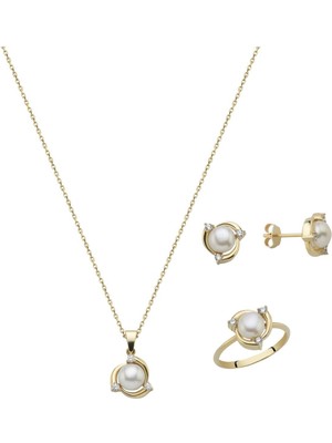 Birinci 14 Ayar Altın 6 mm Zirkon Taşlı Doğal Inci Küpe Kolye Yüzük Üçlü Set