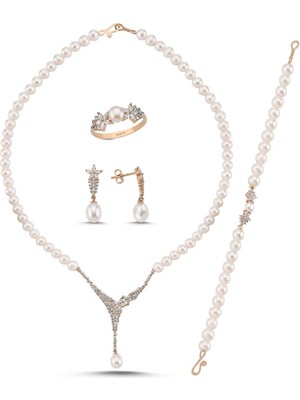 Birinci1926 14 Ayar Altın 6 mm Zirkon Taşlı Doğal İnci Küpe Kolye Bileklik Yüzük Dörtlü Set