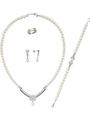 Birinci 14 Ayar Altın 6 mm Üçgen Model Baget Taşlı Doğal İnci Küpe Kolye Bileklik Yüzük Dörtlü Set