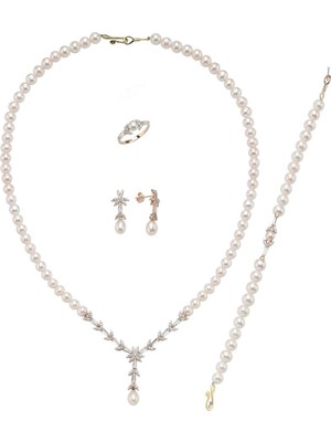 Birinci1926 14  Ayar Altın 6 mm Yaprak Modelli Doğal İnci Küpe Kolye Bileklik Yüzük Dörtlü Set BVRTZ120163Z120164Z120165Z1201666