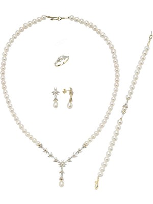 Birinci1926 14  Ayar Altın 6 mm Yaprak Modelli Doğal İnci Küpe Kolye Bileklik Yüzük Dörtlü Set BVRTZ120163Z120164Z120165Z1201666