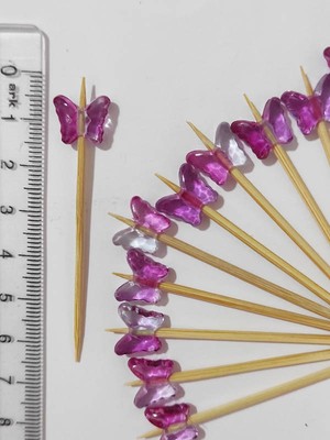 Beyhan Bayhan 100 Adet Dekoratif Lila Pembe Kelebek Boncuklu Kokteyl Kürdanı 6 cm - Süslü Kanepe Kürdanı