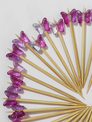 Beyhan Bayhan 100 Adet Dekoratif Lila Pembe Kelebek Boncuklu Kokteyl Kürdanı 6 cm - Süslü Kanepe Kürdanı