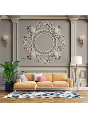 3D Beyaz Sütun Gri Panel Altın Görünümlü Çerçeve Duvar Kağıdı Baskı