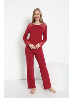 Kadın Uzun Kol Bisiklet Yaka Dantelli Viskon Bordo Pijama Takımı C8T3N5O-048
