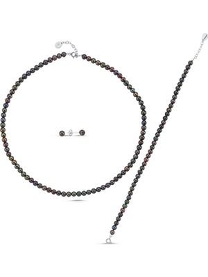 Birinci 14 Ayar Altın 5 mm Siyah Doğal Inci Kolye Bileklik Küpe Üçlü Set