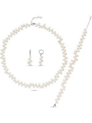 Birinci 14 Ayar Altın 5 mm Barok Doğal İnci Kolye Bileklik Küpe Üçlü Set