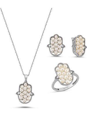 Birinci 14 Ayar Altın Fatma Elli Doğal Inci 0,15 Ct Pırlanta Küpe Kolye Yüzük Üçlü Set