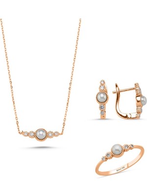 Birinci 14 Ayar Altın Çıtır Doğal İncili 0,33 ct Pırlanta Küpe Kolye Yüzük Üçlü Set