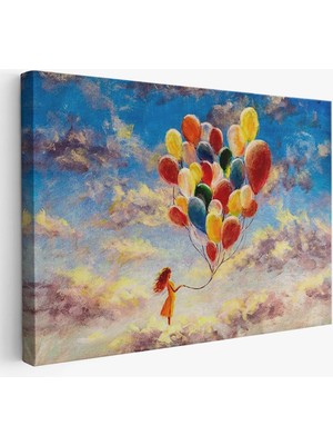 Bulutlaların Üzerindeki Renkli Balonları Tutan Kız TABLOSU-6643