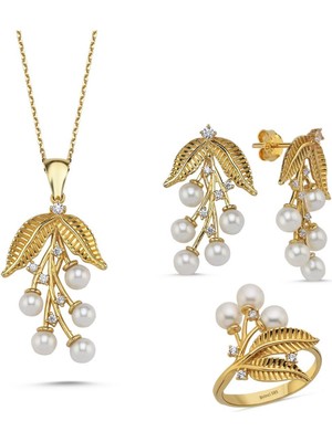 Birinci 14 Ayar Altın 4 mm Zeytin Dalı Doğal İncili Kolye Yüzük İkili Set