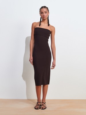 91422 Straplez Elbise-Koyu Kahve