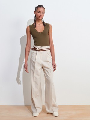 71617 Kemerli Yüksek Bel Pantolon-Taş