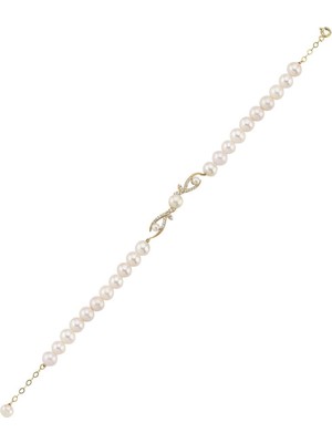 14 Ayar Altın 6 mm Yaprak Taşlı Doğal Incili Bileklik