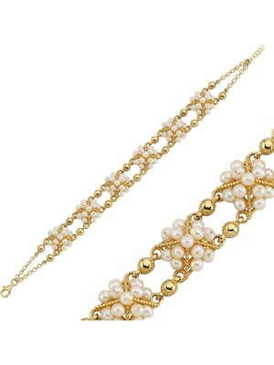 14 Ayar Altın 3 mm Piramit Model Doğal Inci Bileklik