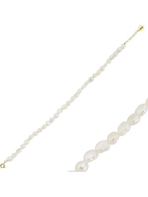 14 Ayar Altın 7 mm Yassı Barok Inci Bileklik