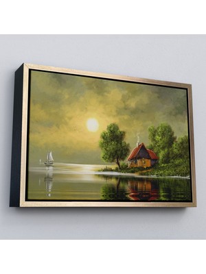 Marsilyan Çerçeveli Göl Kenarındaki Köy Evi Yağlıboya Görünüm Dekoratif Kanvas Duvar TABLOSU-3592