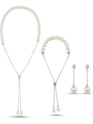 Birinci 14 Ayar Altın 8 mm Asansör Zincirli Doğal Inci Küpe Kolye Bileklik Üçlü Set