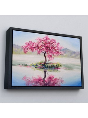 Marsilyan Çerçeveli Gölde Sakura Ağacı Yağlıboya Görünüm Kanvas Duvar TABLOSU-3494