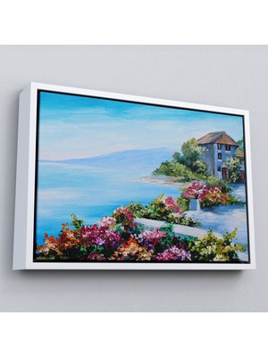 Marsilyan Çerçeveli Rengarenk Çiçekler Arasındaki Deniz Manzaralı Ev Duvar TABLOSU-3633