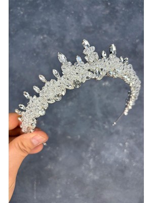 Şeffaf Gümüş Likya Boncuk Işlemeli Gelin Kına Tacı