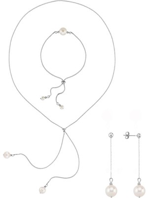 Birinci 14  Ayar Altın 9 mm Asansörlü Doğal İnci Küpe Kolye Bileklik Üçlü Set