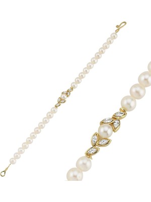 Birinci 14 Ayar Altın 6 mm Yaprak Taşlı Doğal İnci Bileklik BVRTZ105713