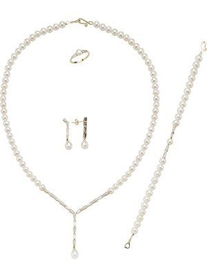 Birinci1926 14 Ayar Altın 6 mm Baget Zirkon Taşlı Doğal İnci Küpe Kolye Bileklik Yüzük Dörtlü Set