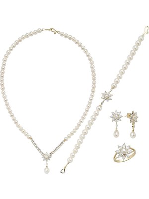 Birinci1926 14 Ayar Altın 6 mm Papatya Modelli Doğal İnci Küpe Kolye Bileklik Yüzük Dörtlü Set