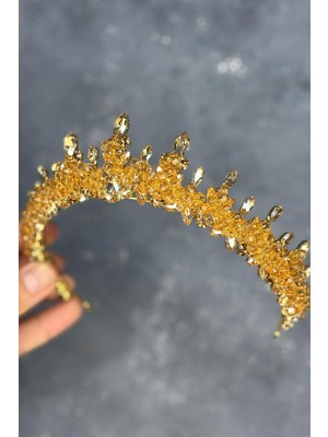 Bal Rengi Likya Boncuk Işlemeli Gelin Kına Tacı