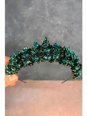 Zümrüt Yeşili Umay Boncuk Işlemeli Gelin Kına Tacı