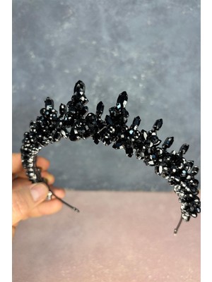 Siyah Likya Boncuk Işlemeli Gelin Kına Tacı