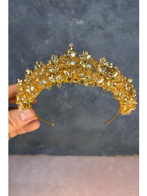 Bal Rengi Umay Boncuk Işlemeli Gelin Kına Tacı