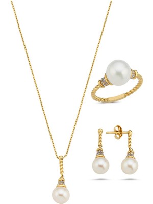 Birinci1926 14 Ayar Altın 8 mm Burgulu Zirkon Taşlı Doğal İnci Küpe Kolye Yüzük Üçlü Set